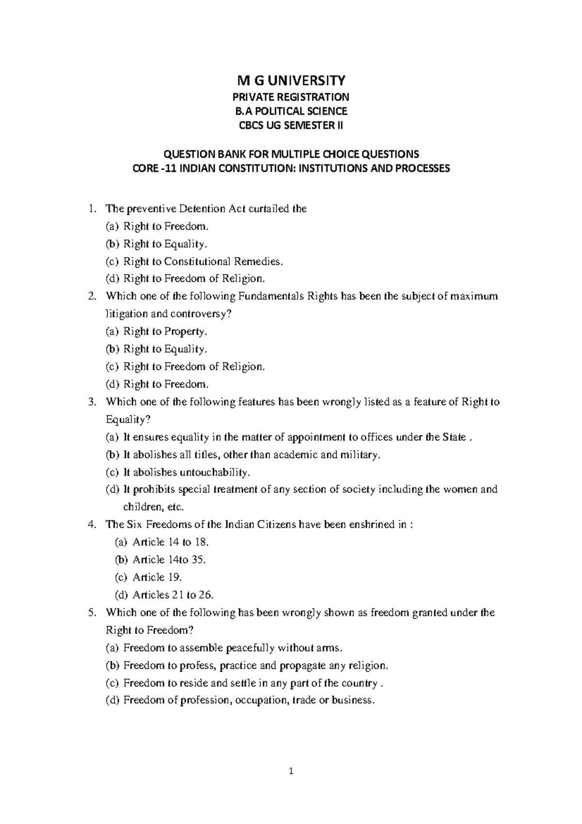 C BA Political Science Multiple Type Questions Private Sem II - M G ...