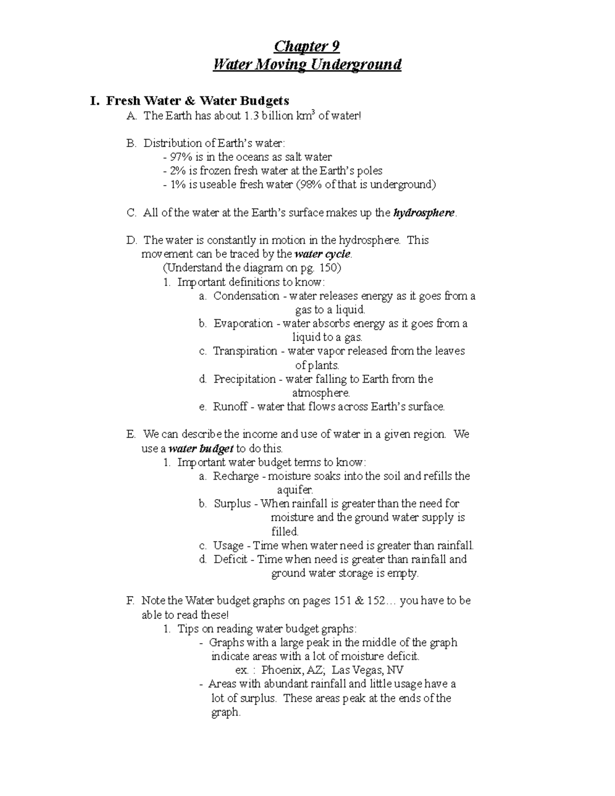 Chapter 9 - Groundwater - Chapter 9 Water Moving Underground I. Fresh ...