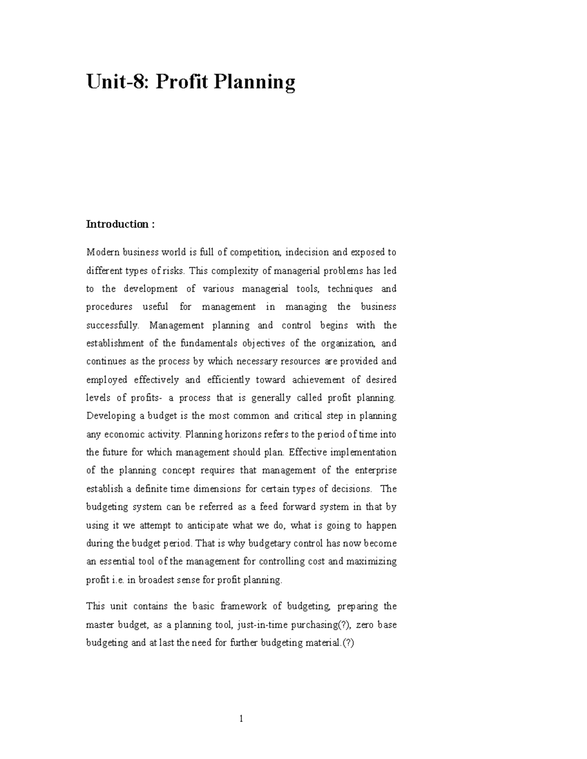 Unit-08 - Unit 8 Lecture Note for studying Profit Planning - Unit-8 ...