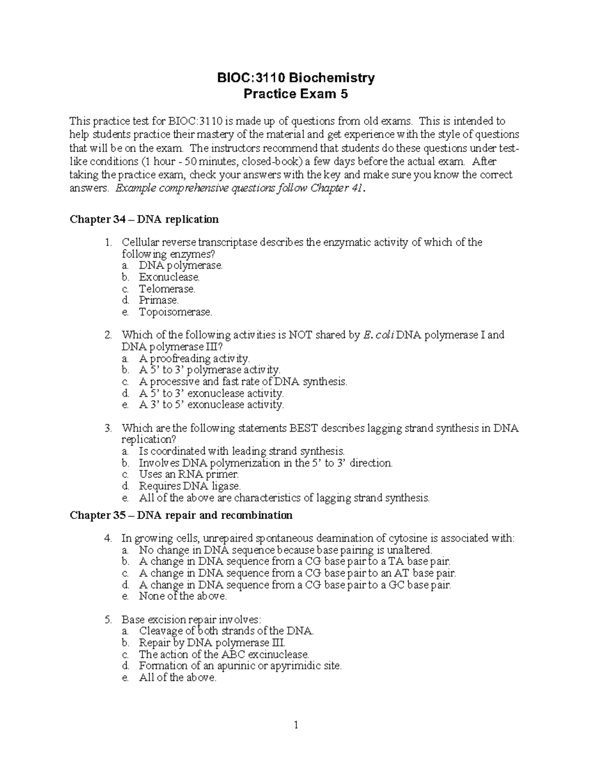 BIOC3110 Practice Exam 5 - BIOC:3110 Biochemistry Practice Exam 5 This ...