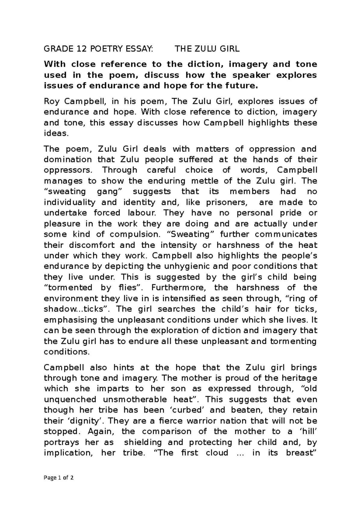 Zulu Girl Essay For Revision GRADE 12 POETRY ESSAY THE ZULU GIRL