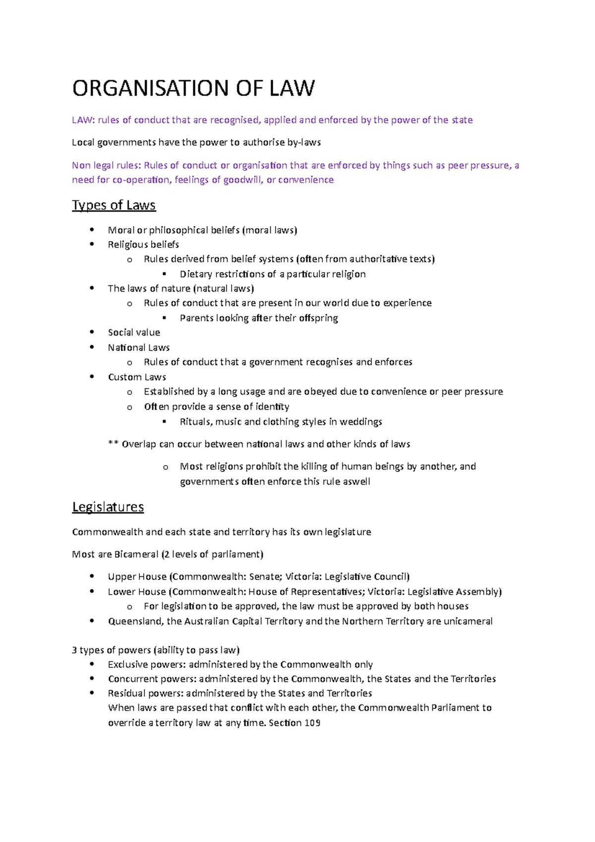 Lecture 1 ORGANISATION OF LAW LAW Rules Of Conduct That Are