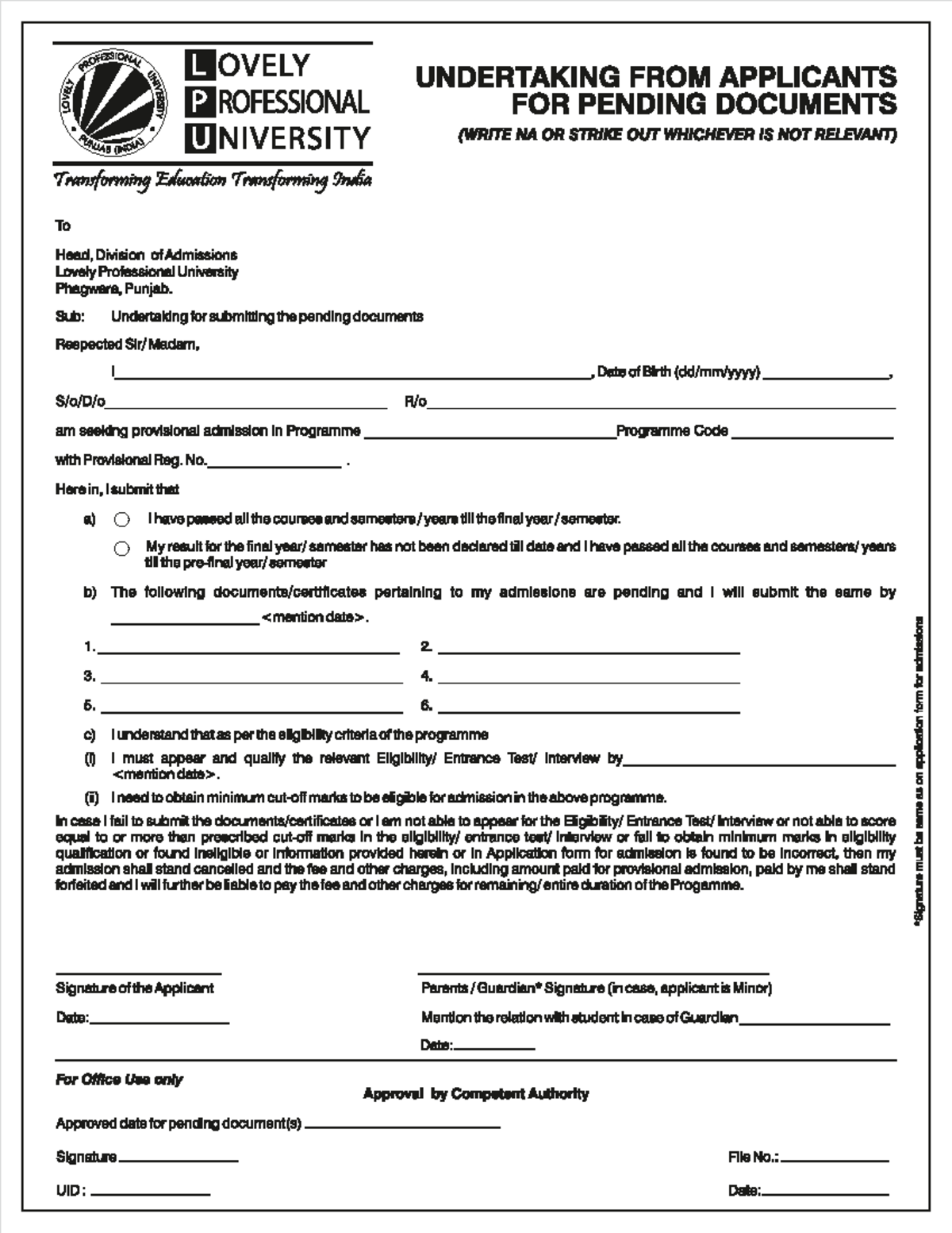 Undertaking for Pending Documents for Portal 2023 - Software ...
