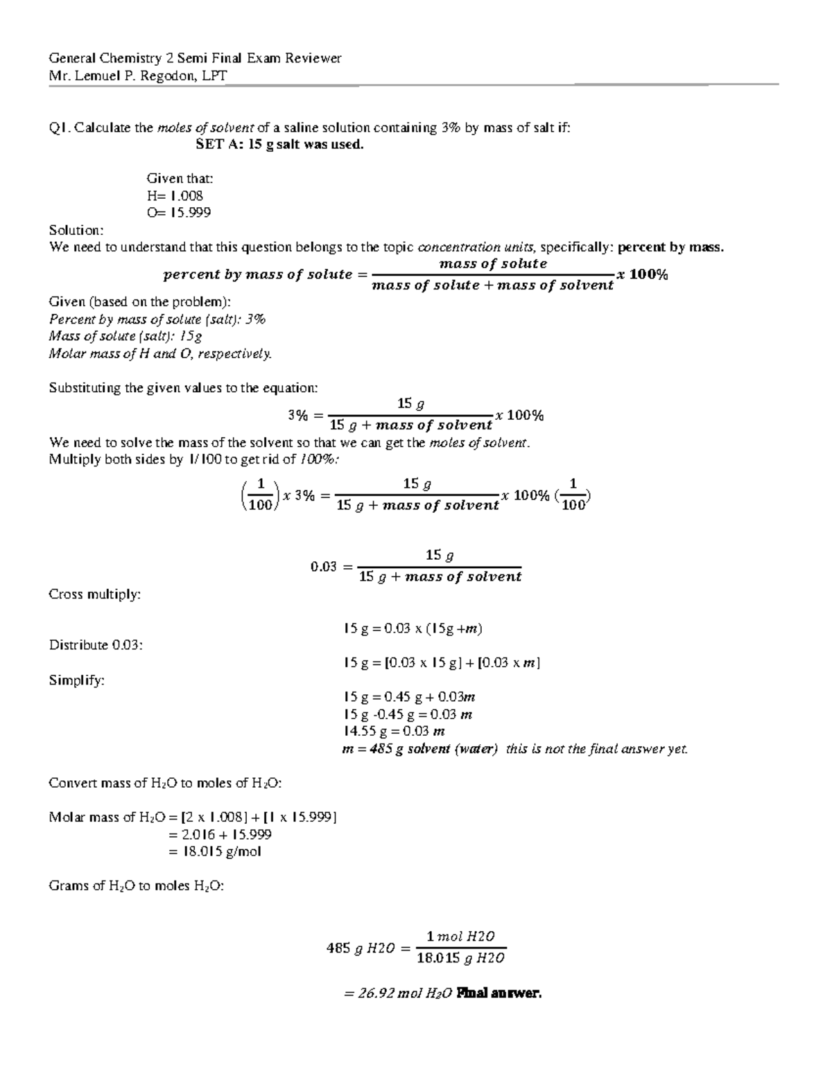 Chem-Semi-Reviewer - Chemistry - General Chemistry 2 Semi Final Exam ...