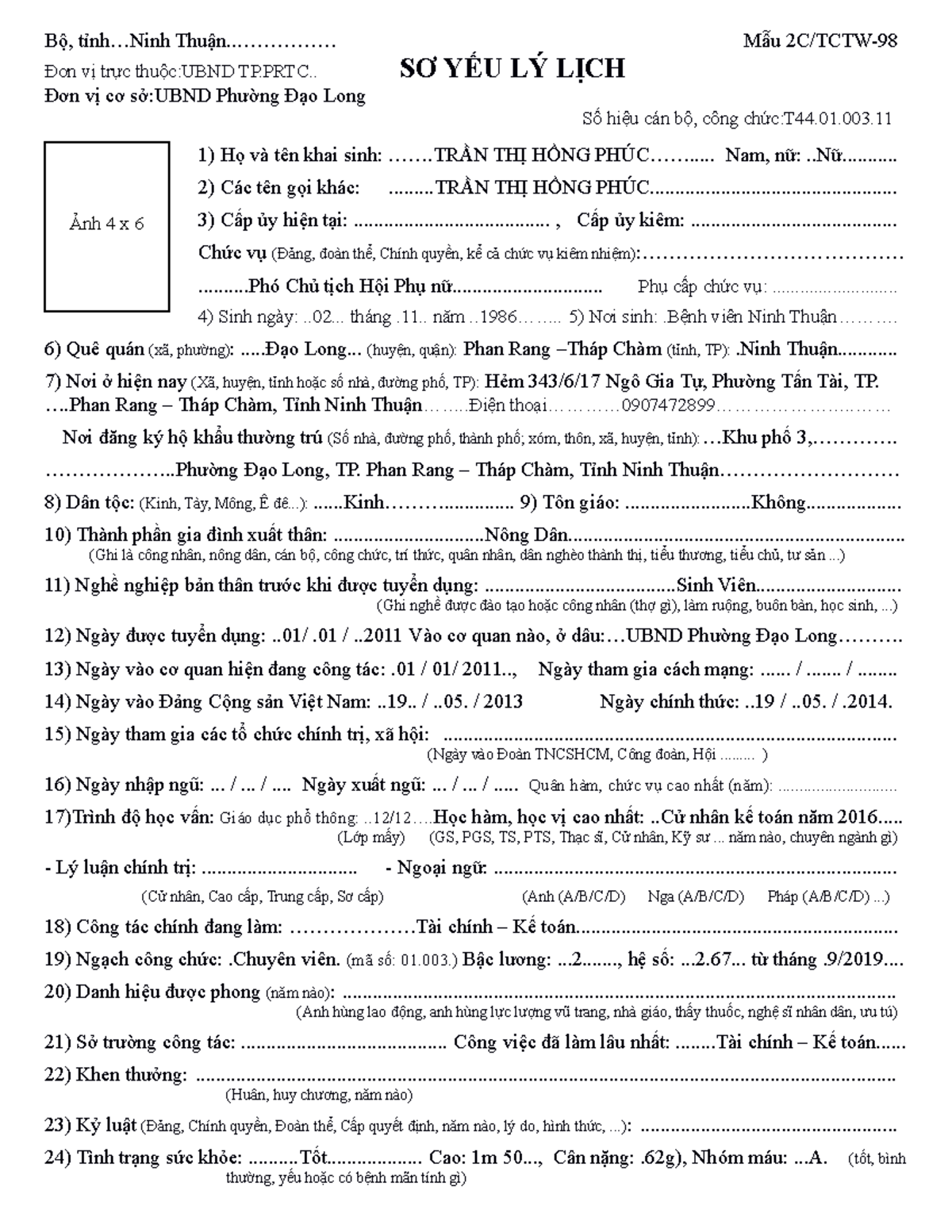 MAU LY LICH - 2C TCTW-98 - i don't no write enything - Bộ, tỉnh.. Thuận ...