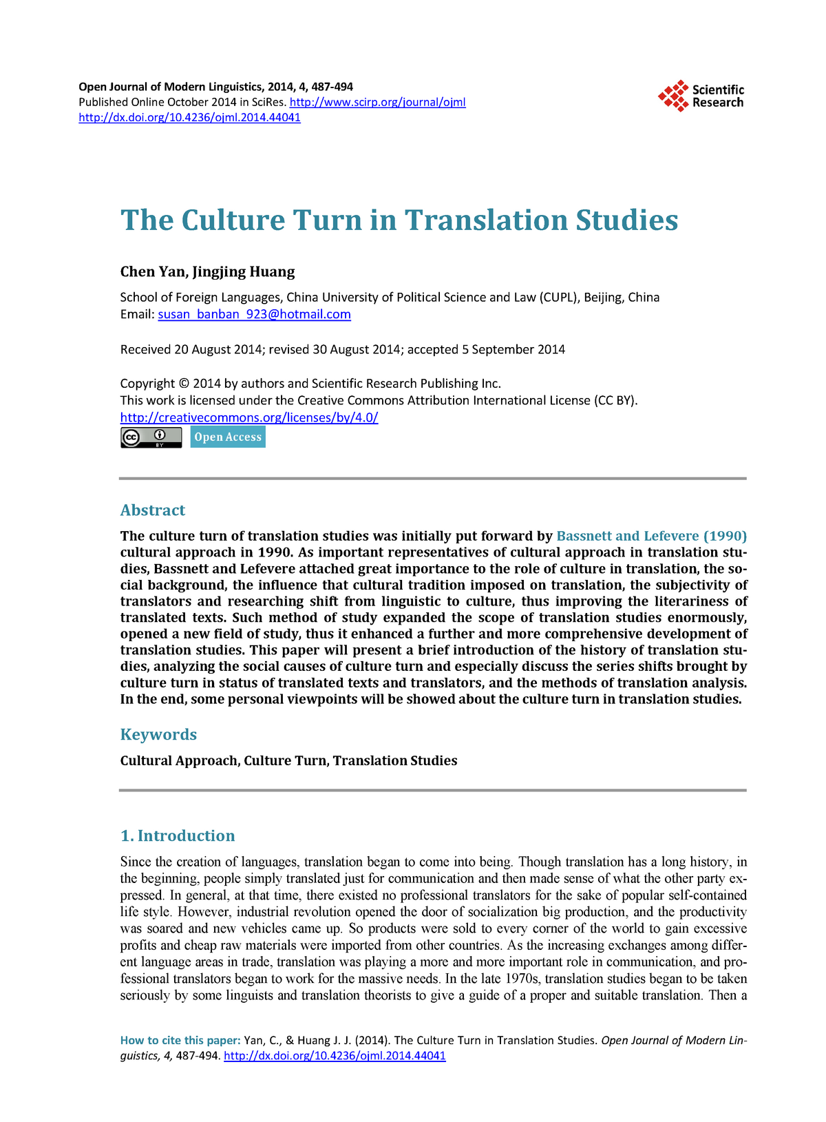 The Culture Turn In Translation - Open Journal Of Modern Linguistics ...