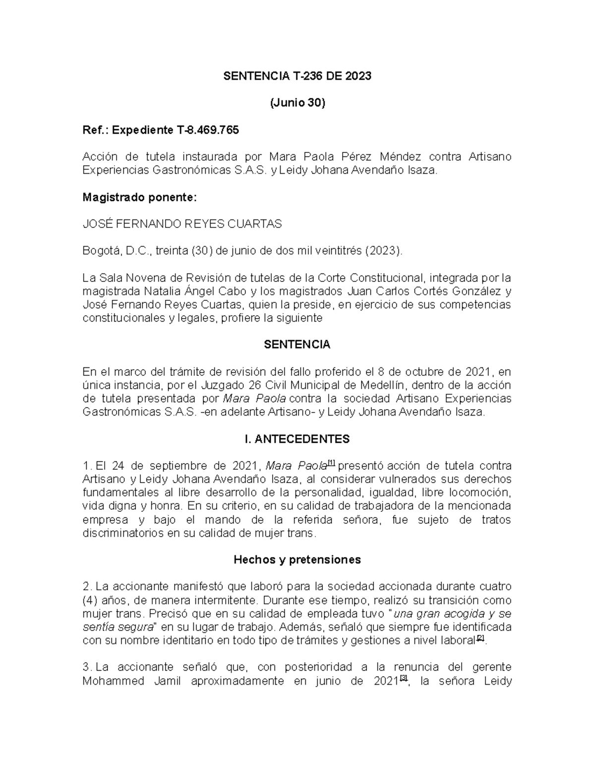 Sentencia T-236 DE 2023 - SENTENCIA T-236 DE 2023 (Junio 30) Ref
