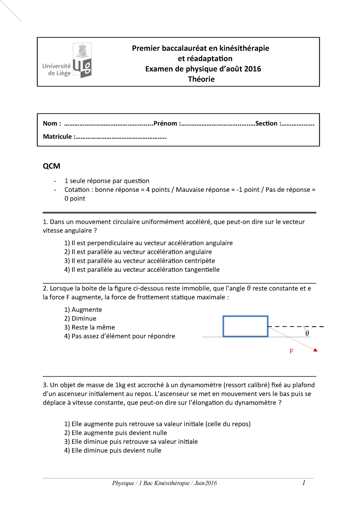 Examen Août 2016, questions - StuDocu