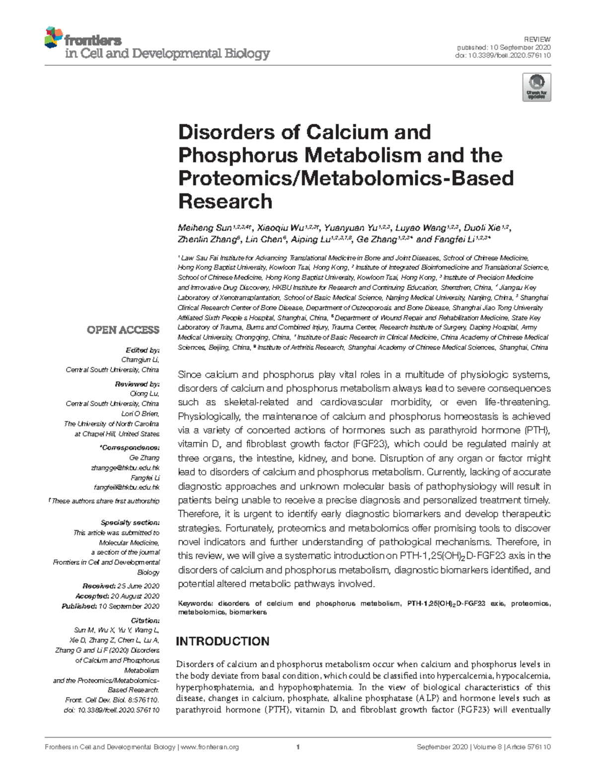 Calcium Metabolism Hypocalcemia 2 - REVIEW published: 10 September 2020 ...