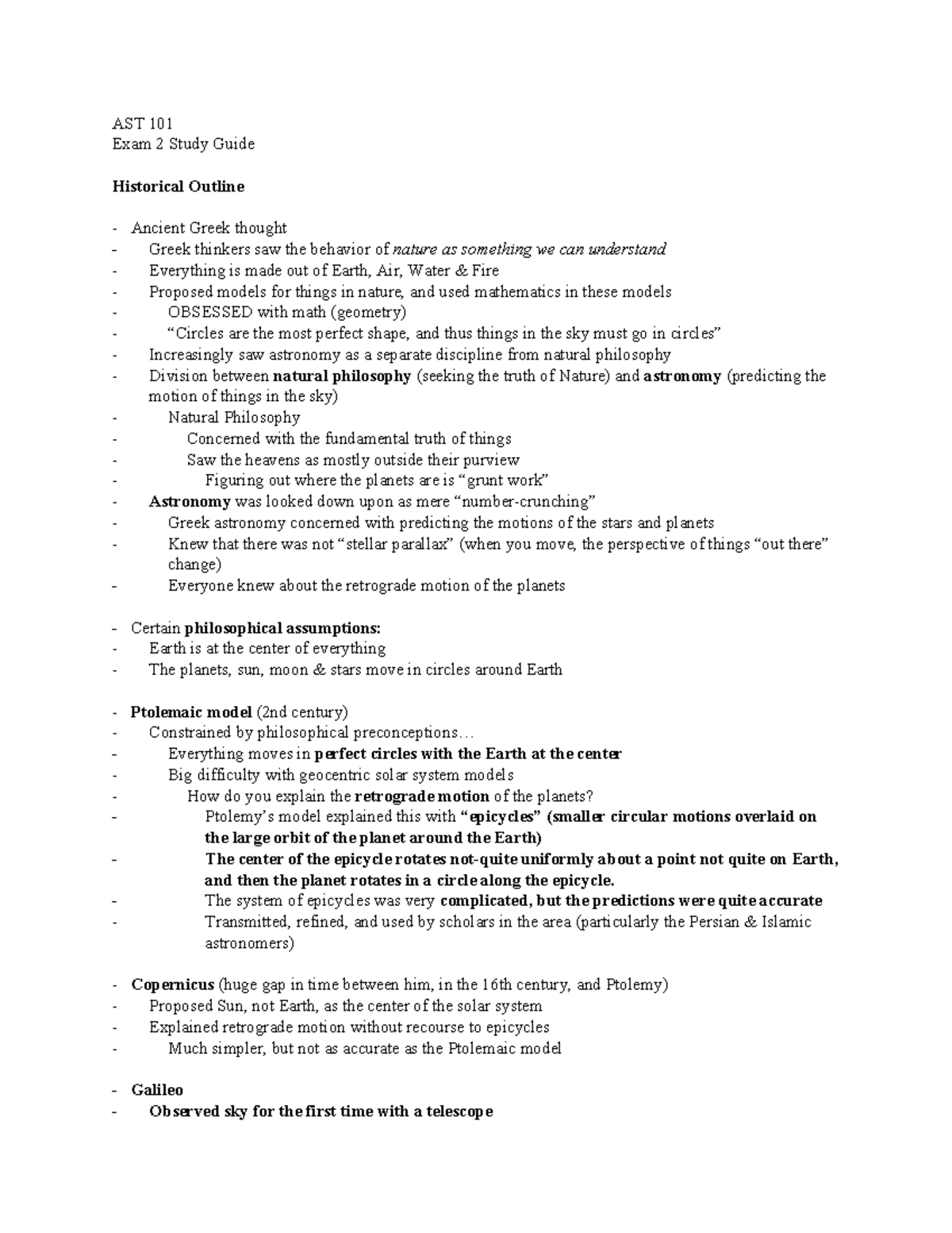 AST Exam 2 Study Guide - Lecture notes 1-10 - AST 101 Exam 2 Study ...