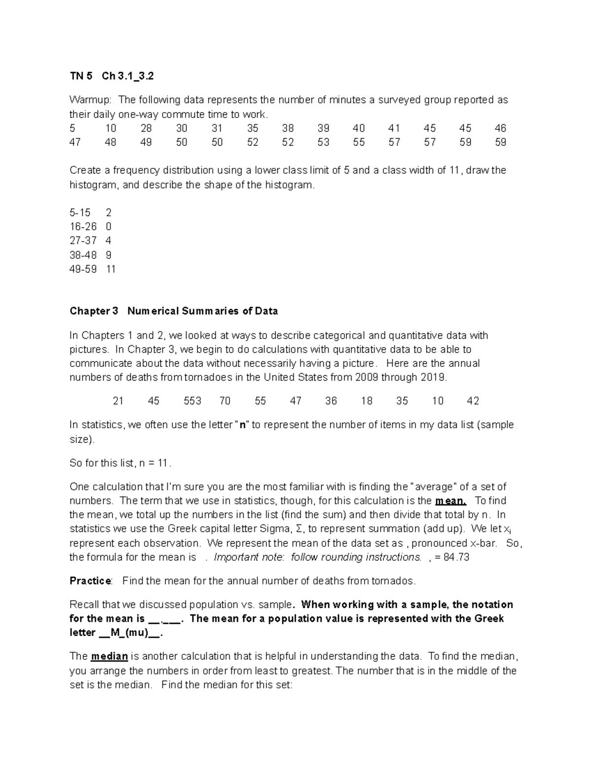 Statistics Chapter 3 - TN 5 Ch 3_3. Warmup: The following data ...