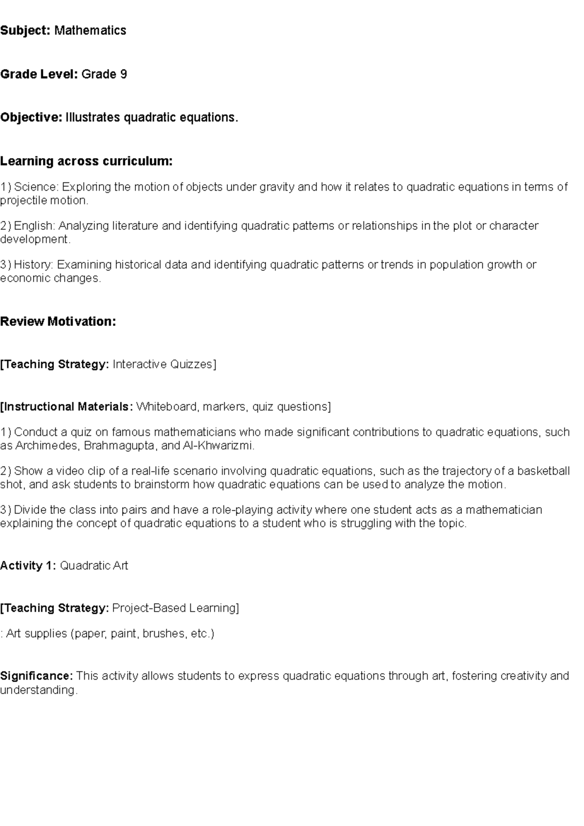 Lesson plan - Huston - Subject: Mathematics Grade Level: Grade 9 ...