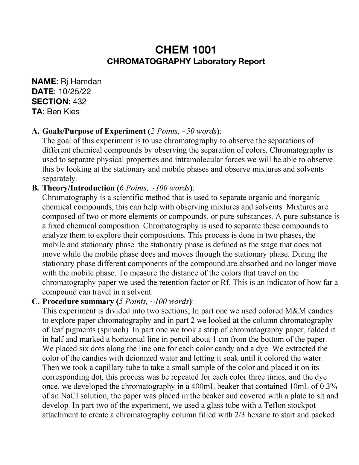 Chromatography Lab Report - CHEM 1001 CHROMATOGRAPHY Laboratory Report ...