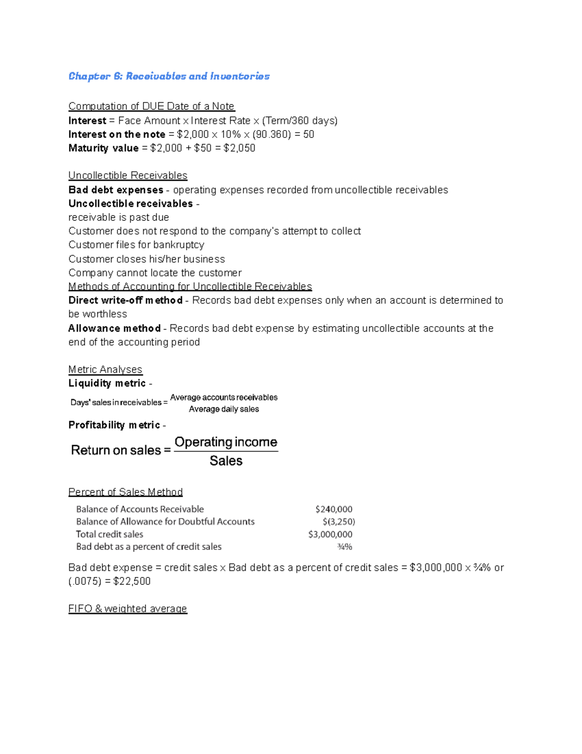 Chapter 6 BA220 class notes - Chapter 6: Receivables and Inventories ...