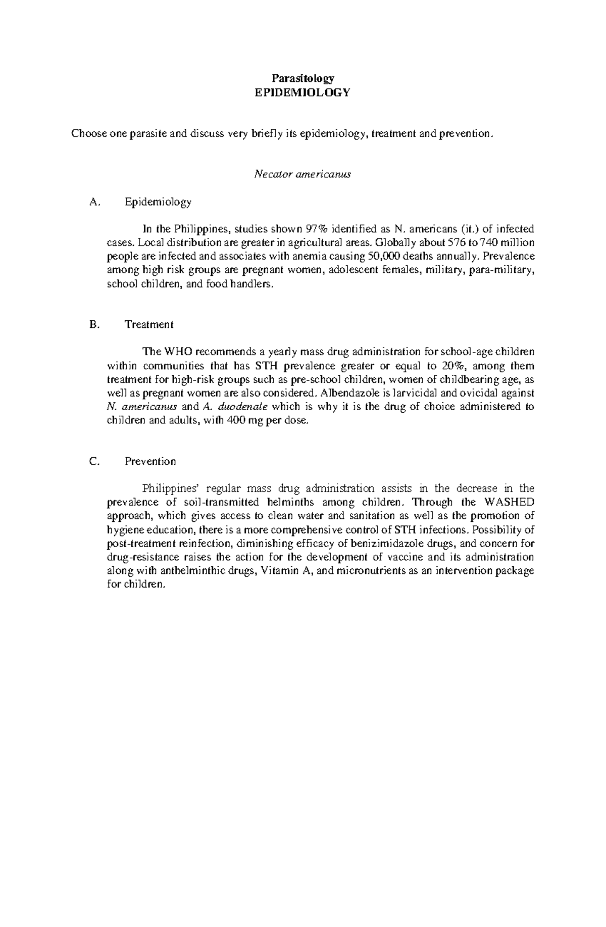 Parasitology Epidemiology Notes - Parasitology Epidemiology Choose One 