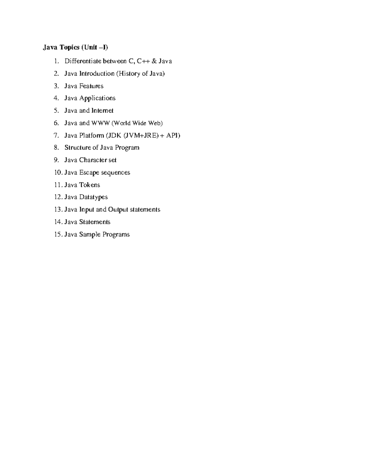 Java-Unit I - Java basics - Java Topics (Unit – I) 1. Differentiate ...