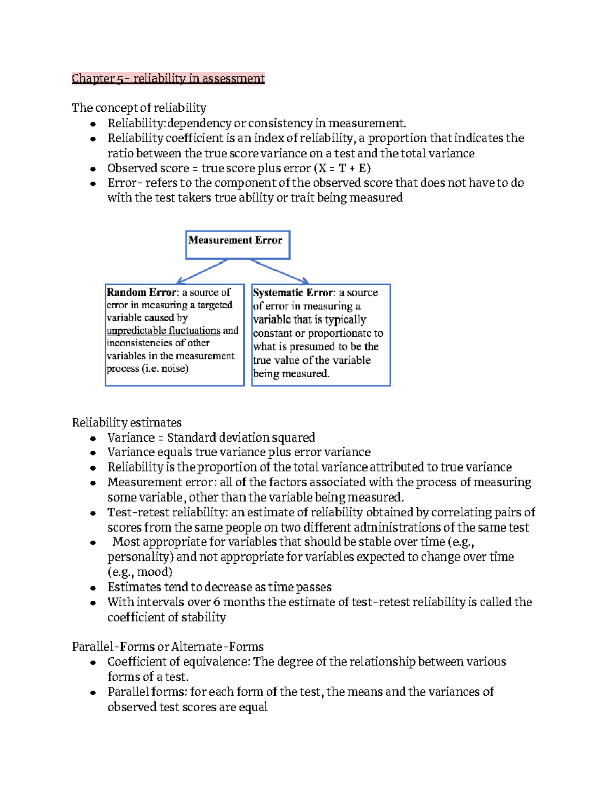 Psych 385- notes 2 - Chapter 5- reliability in assessment The concept ...