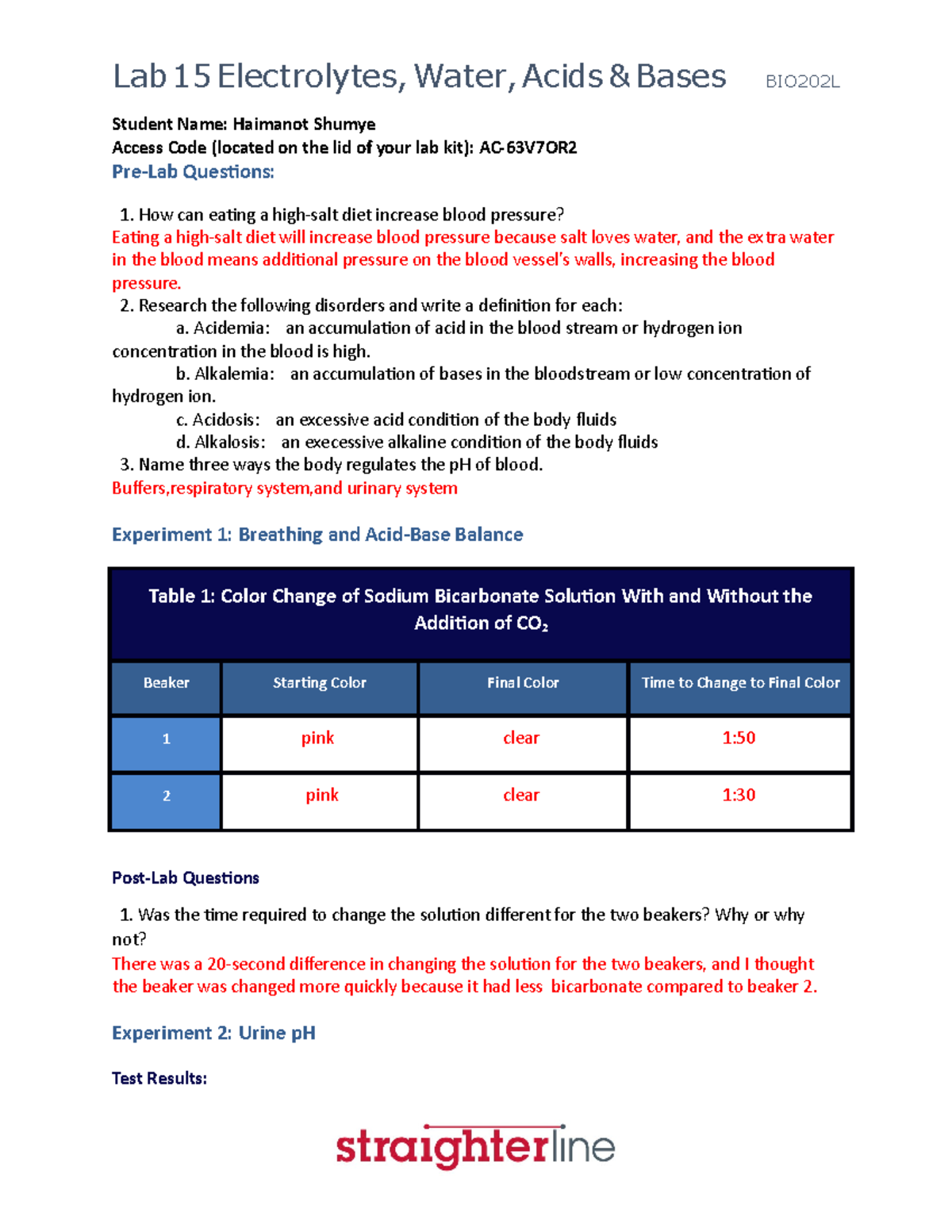 Electrolytes Lab report Lab 15 Electrolytes, Water, Acids & Bases