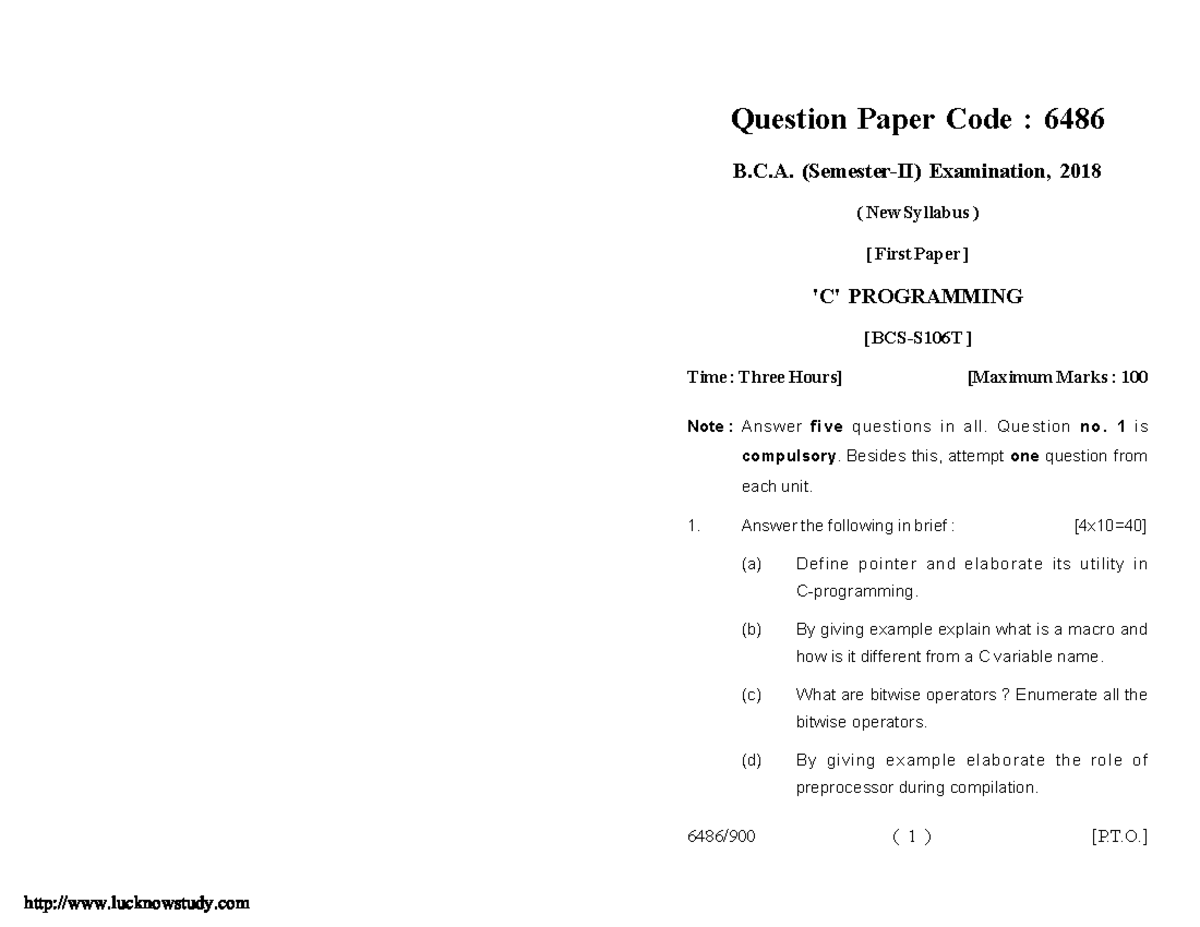 Bca 2 sem c programming 6486 2018 - 6486/900 ( 1 ) Question Paper Code ...