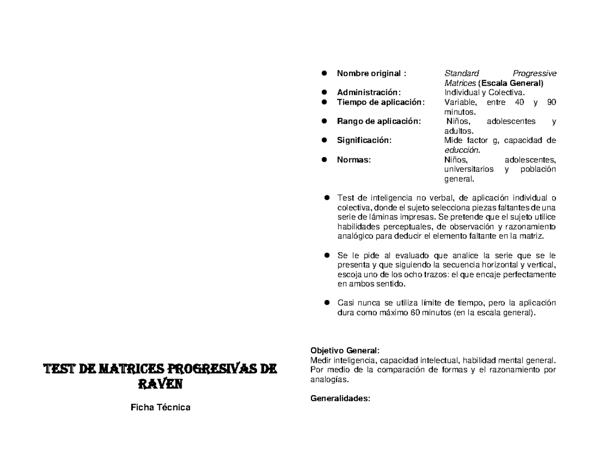 Raven adultos - Test de Matrices progresivas de Raven Ficha Técnica ⚫ ...