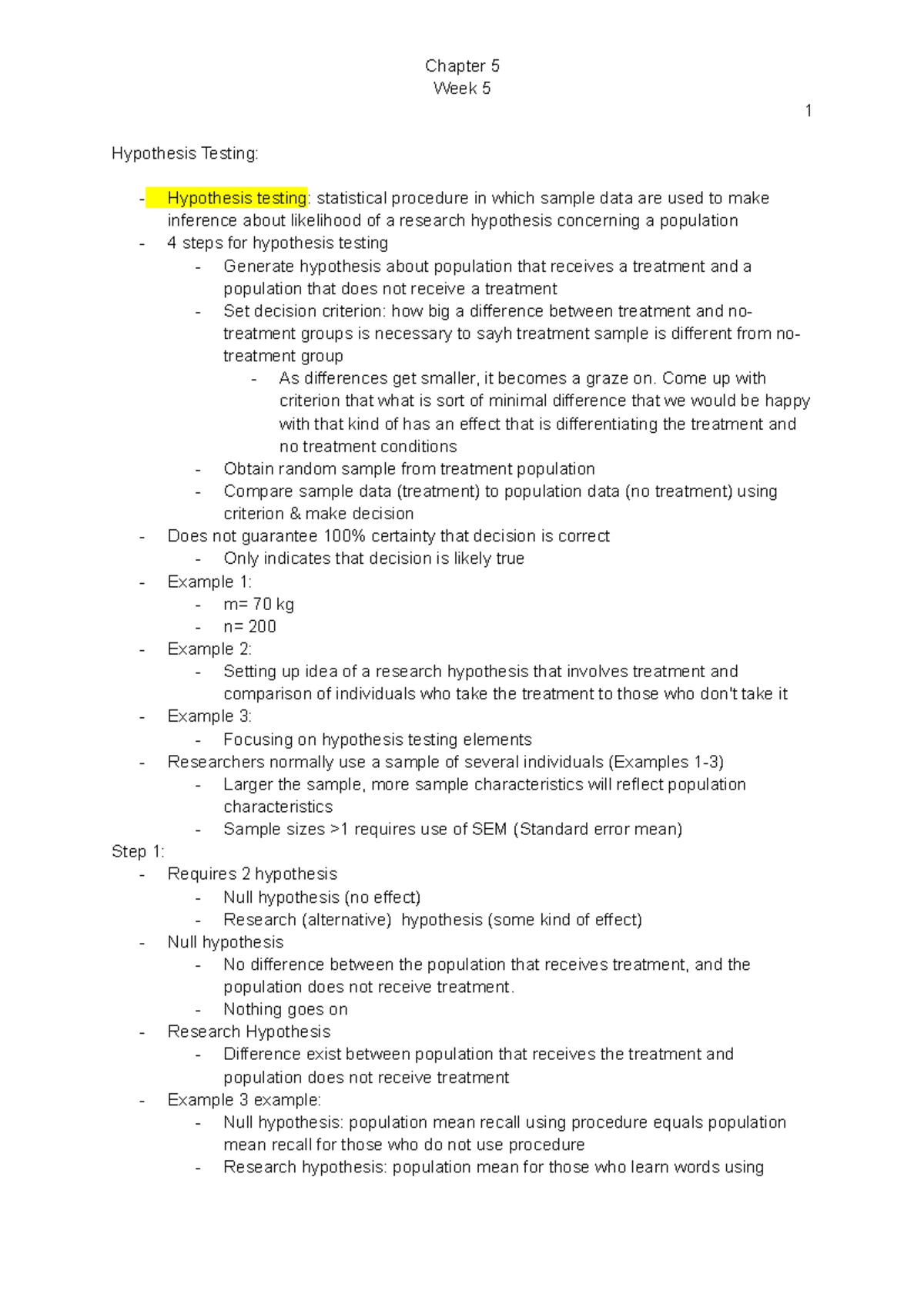 Chapter 5 Introduction to Hypothesis - Week 5 1 Hypothesis Testing ...