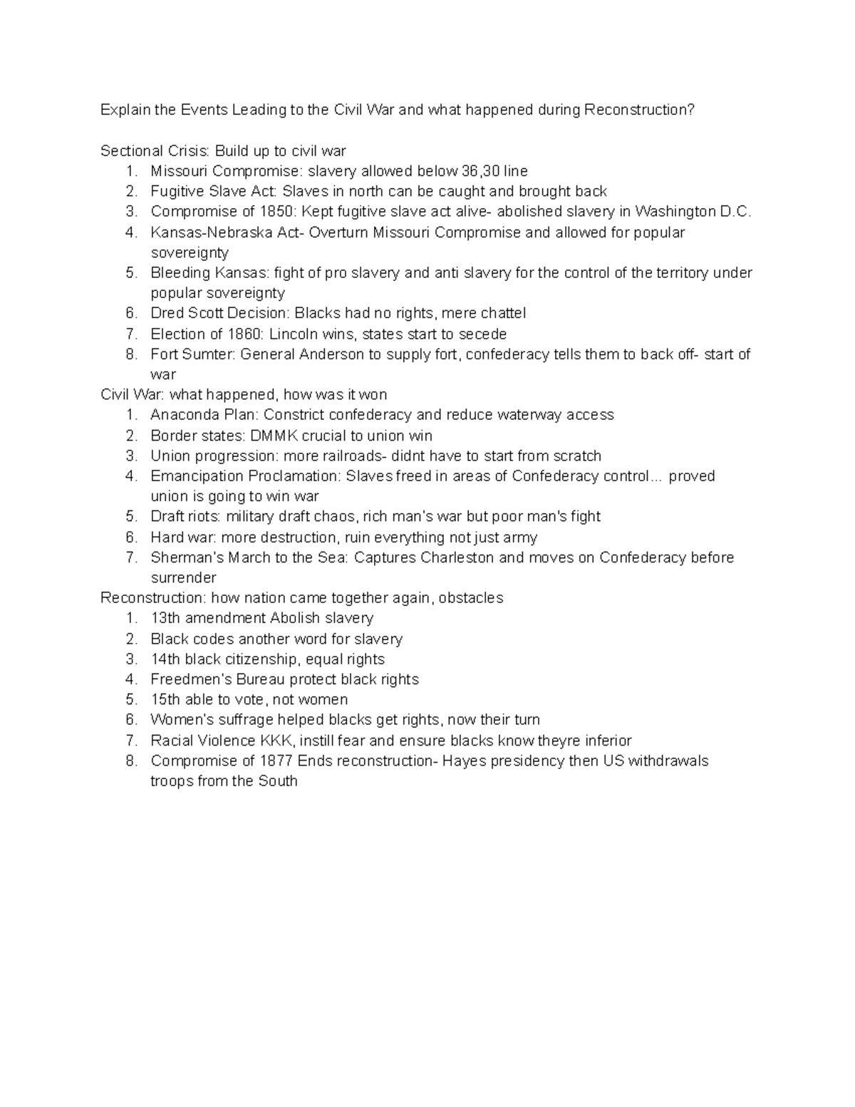 Midterm Preparations- Apush - Explain the Events Leading to the Civil ...
