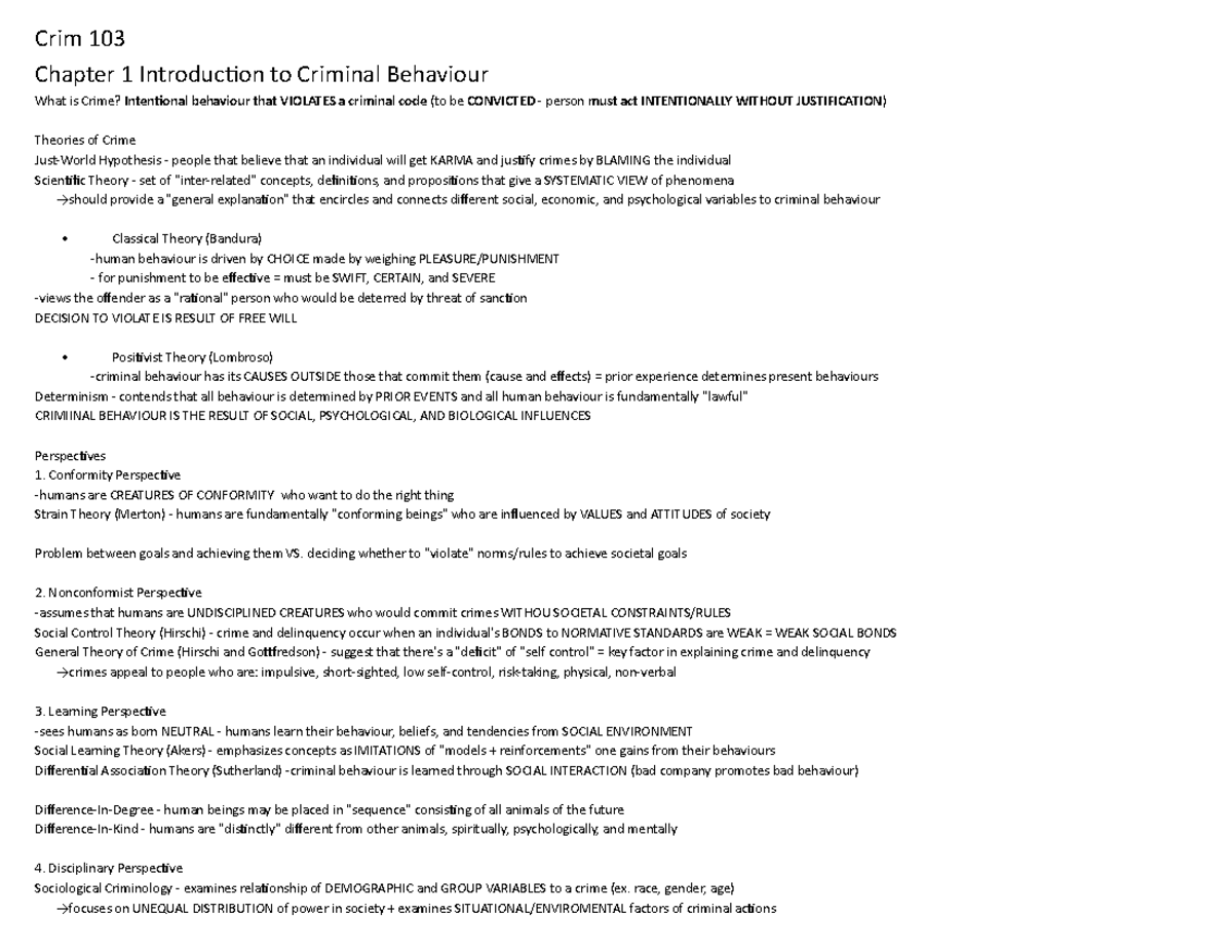 Lecture notes, chapters 1-12 - Crim 103 Chapter 1 Introduction to ...