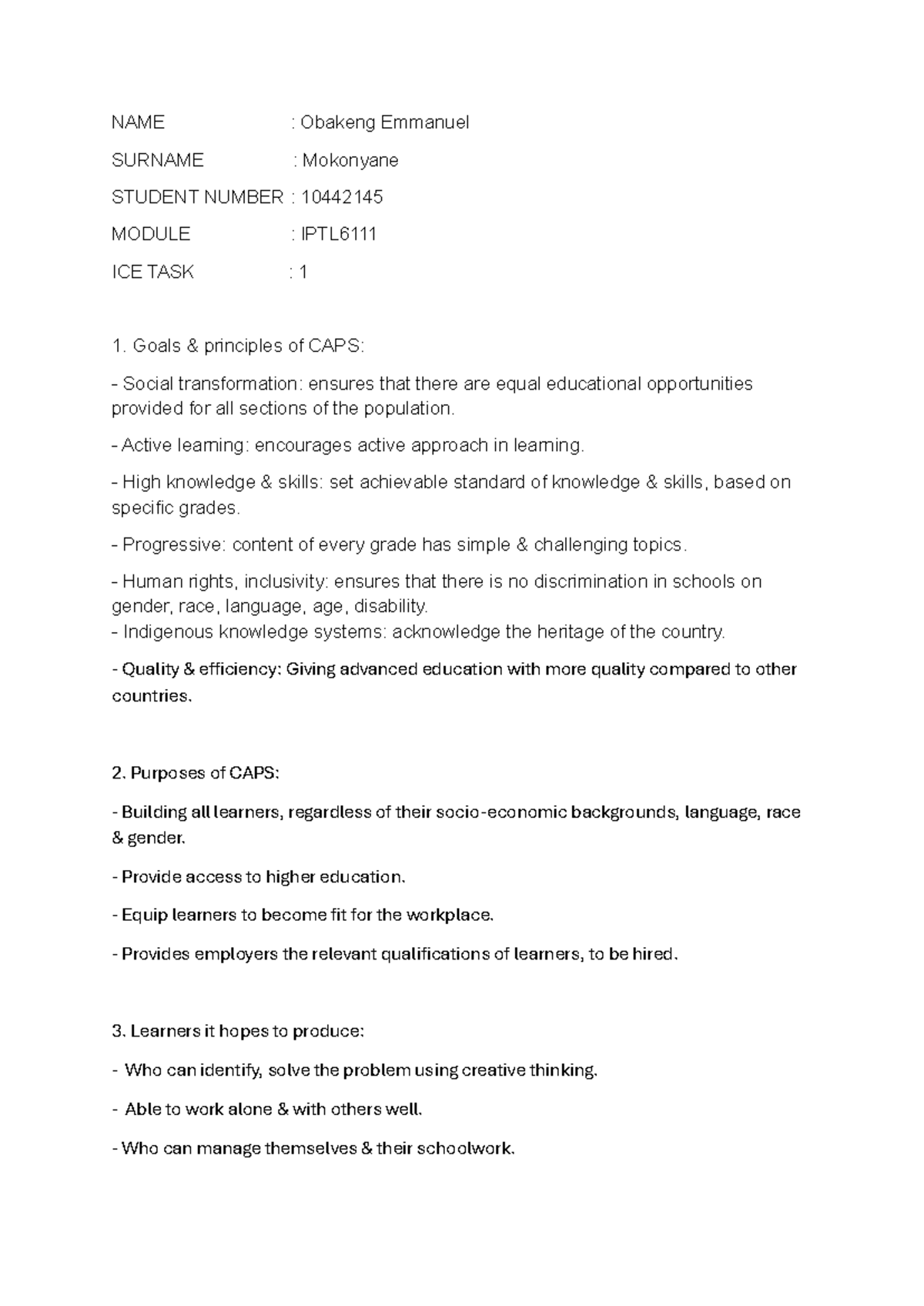 IPTL ICE TASK 1 - NAME : Obakeng Emmanuel SURNAME : Mokonyane STUDENT ...