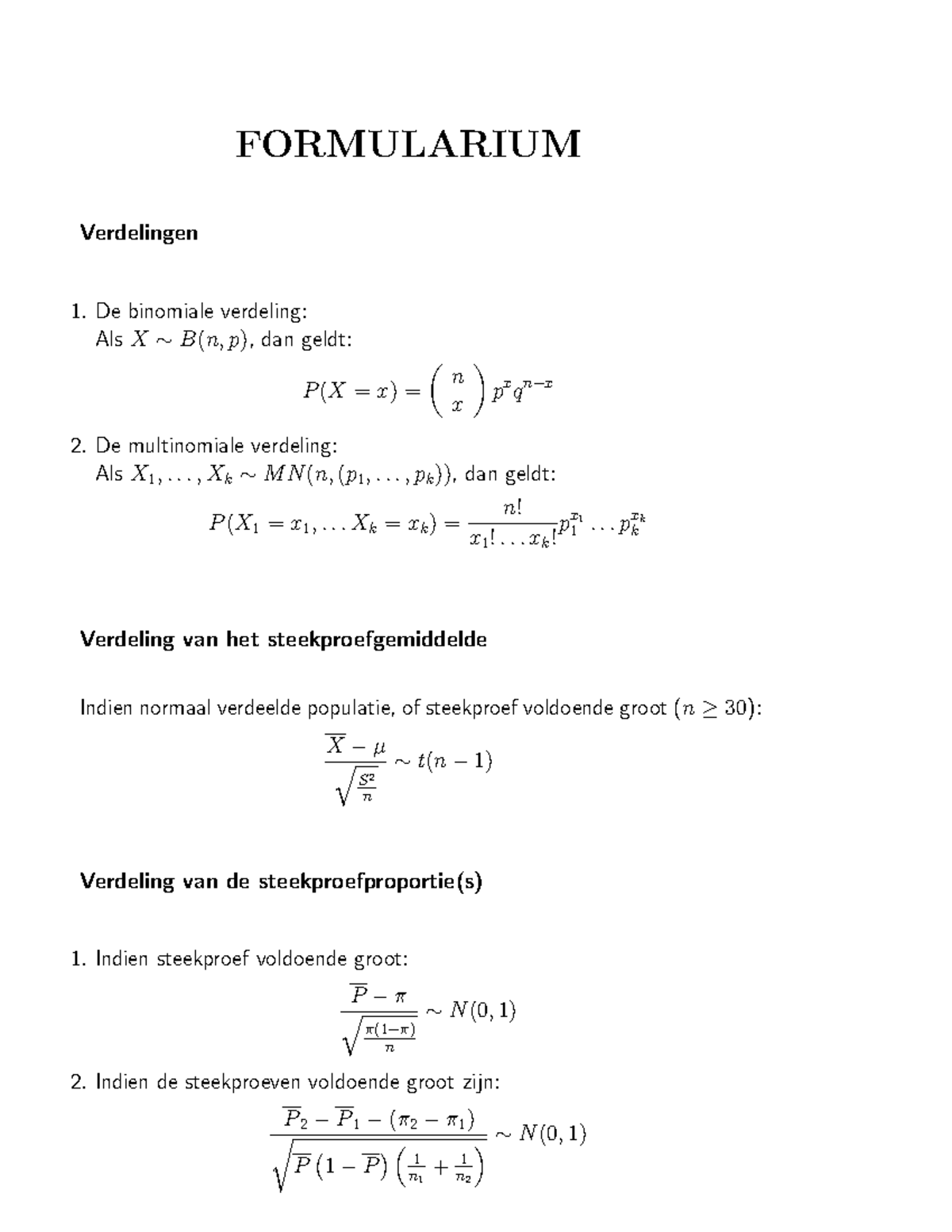 Formularium En Tabellen - FORMULARIUM Verdelingen 1. De Binomiale ...