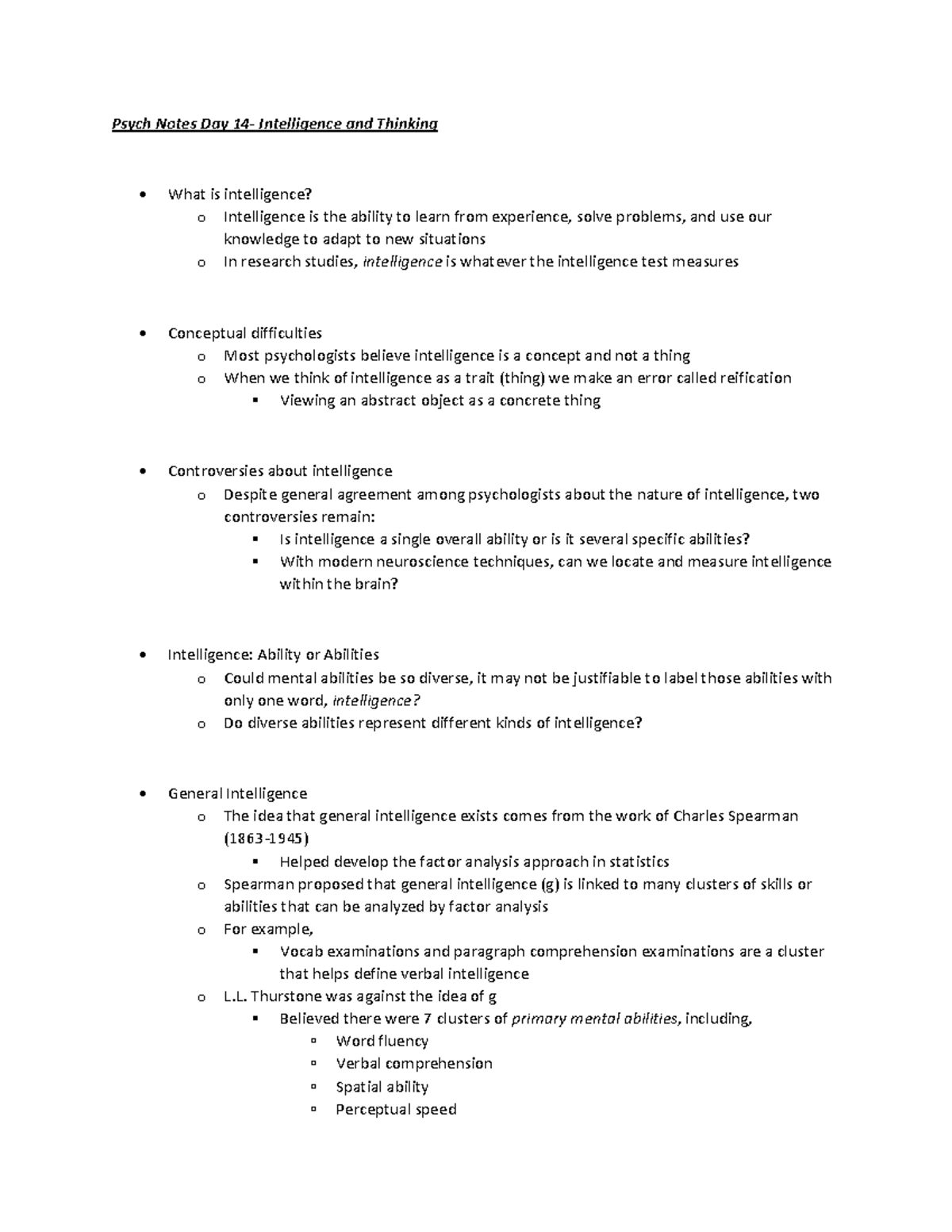 Psych Notes DAY 14 - Psych Notes Day 14- Intelligence and Thinking What ...