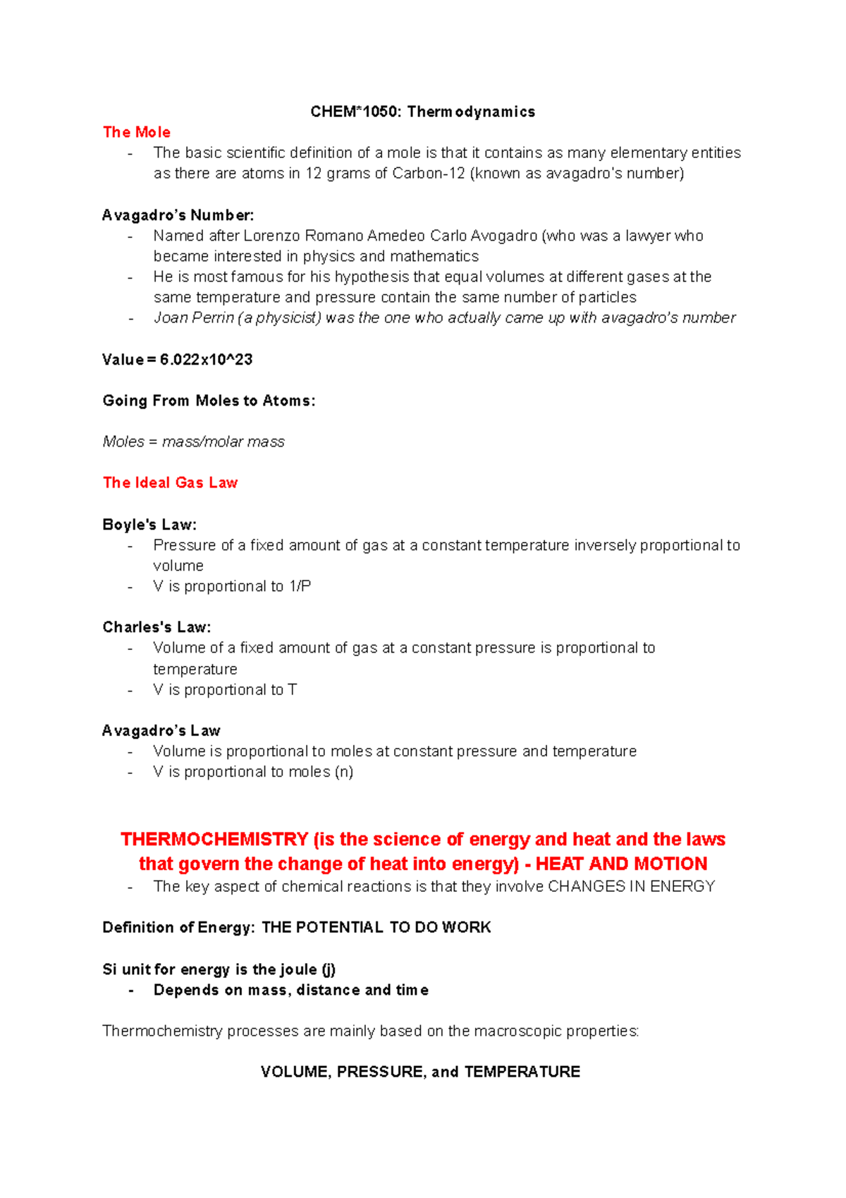 CHEM 1050 Final Study Notes - CHEM*1050: Thermodynamics The Mole The ...