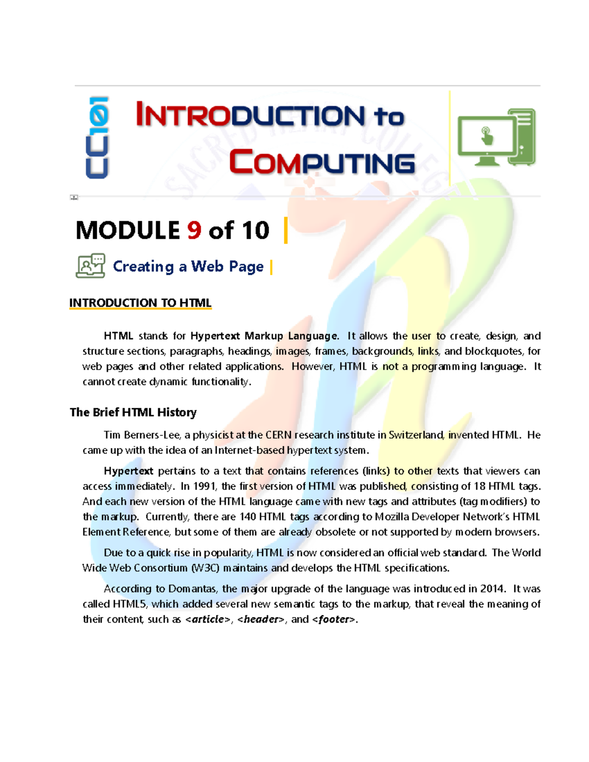 CC101#9 - MODULE 9 of 10 | Creating a Web Page | INTRODUCTION TO HTML ...