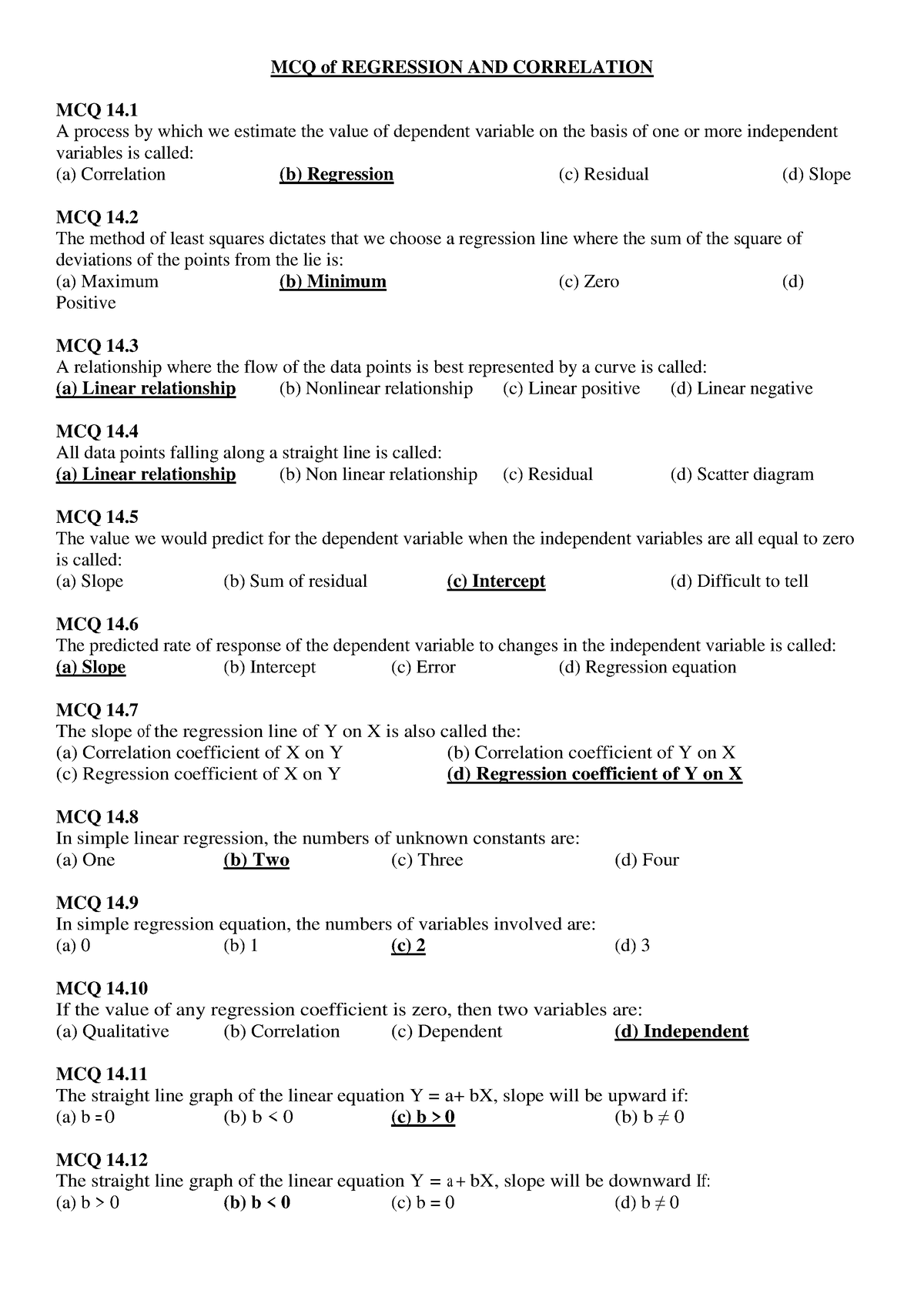 Mcq Regression And Correlation With Correct Answers 1 Mcq Of Regression And Correlation Mcq 14 5332