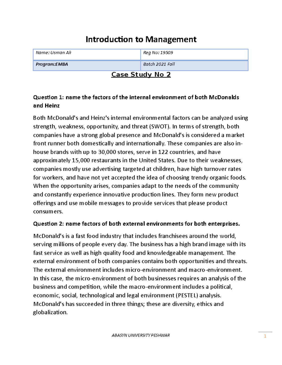 Case 2 Assignment 23feb - Introduction To Management Name: Usman Ali ...