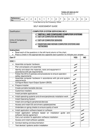 Sample Competency Assessment Results Summary CARS 2 in CCA - TESDA-OP ...