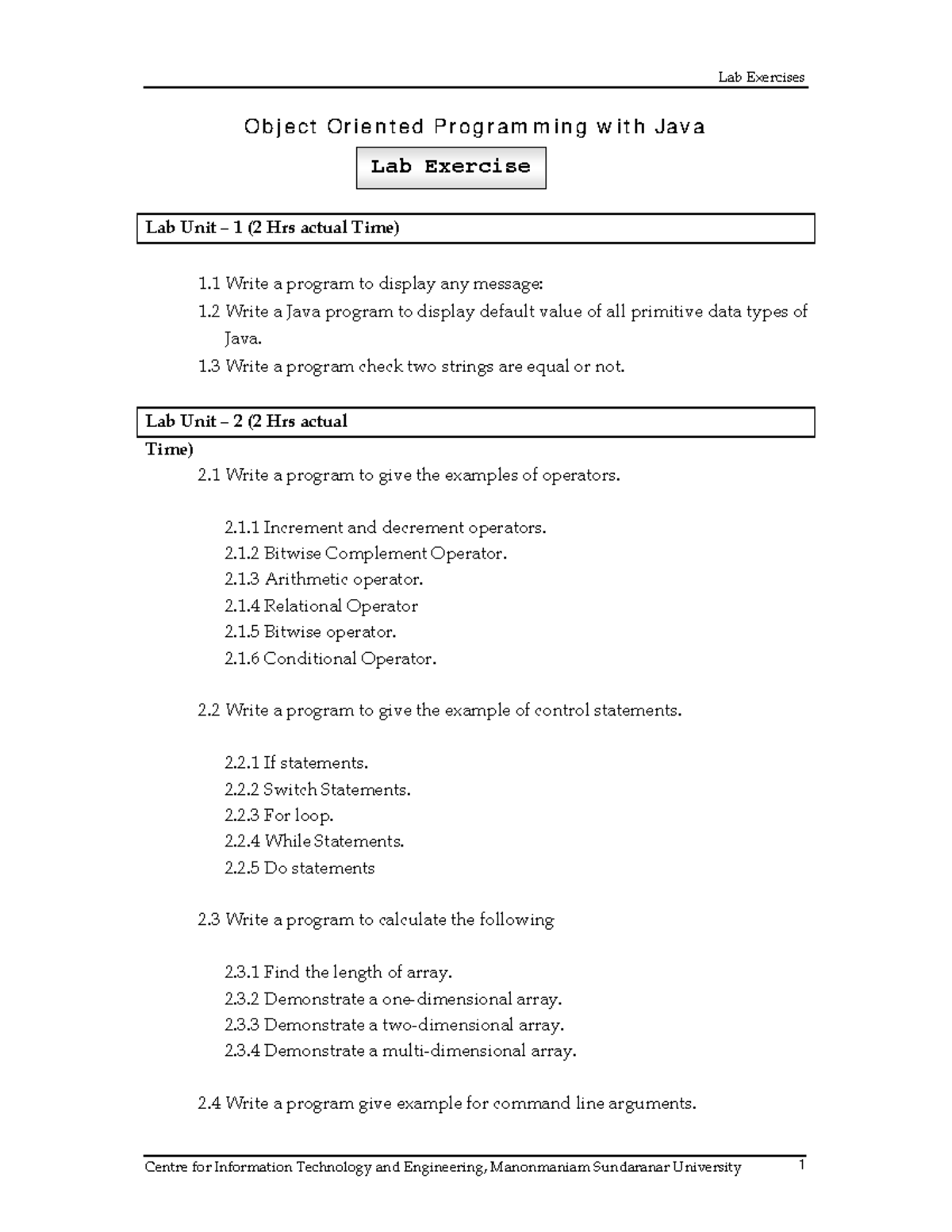 2.Object Oriented Programming with Java Lab Exercise sand Solutions ...