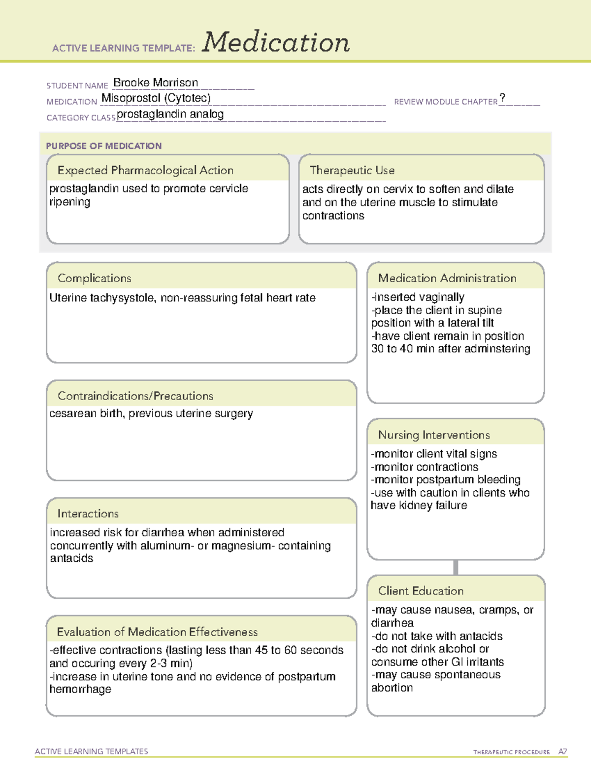 Misoprostol ACTIVE LEARNING TEMPLATES TherapeuTic procedure A