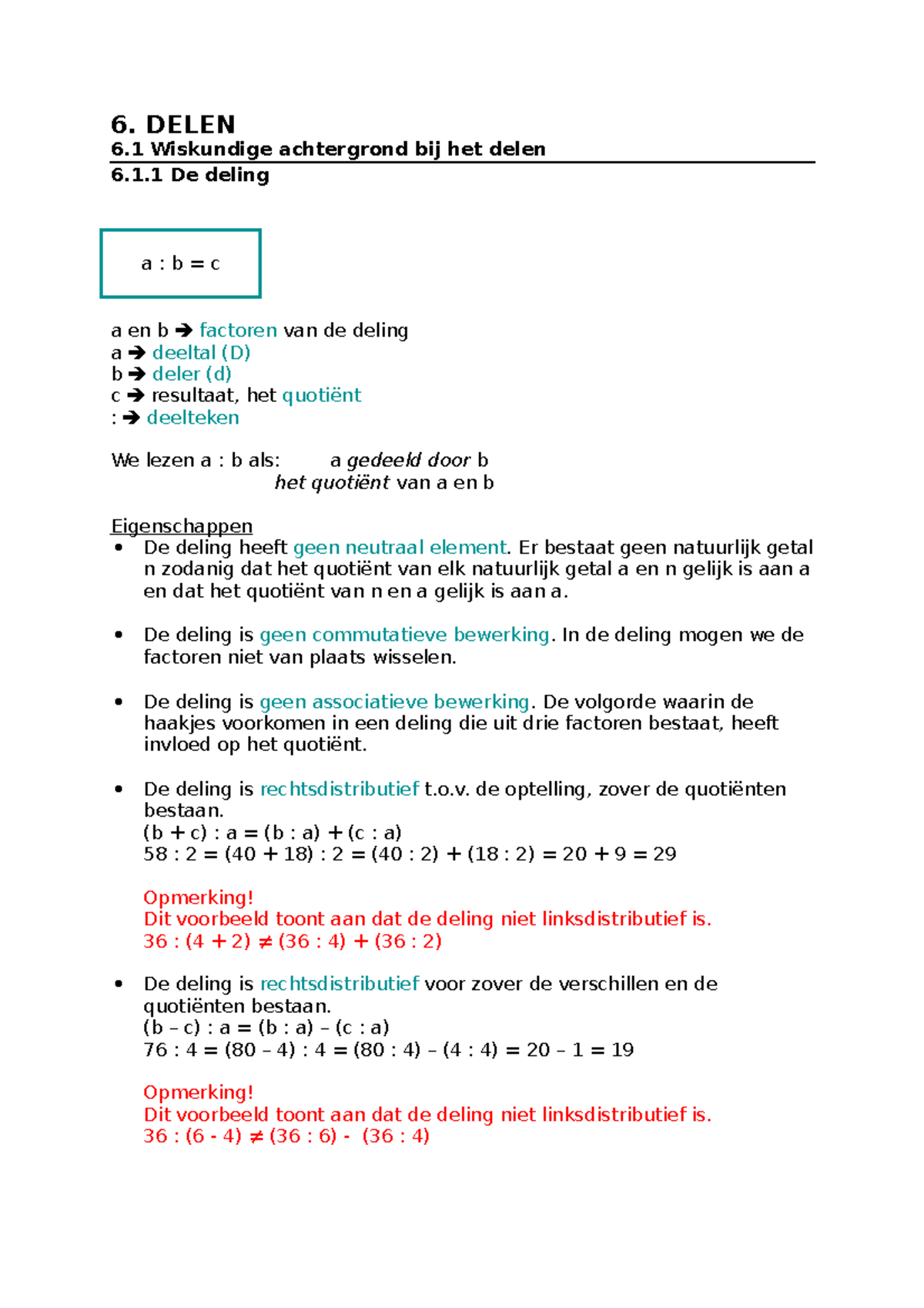 6. Delen - Notities - 6. DELEN 6 Wiskundige Achtergrond Bij Het Delen 6 ...