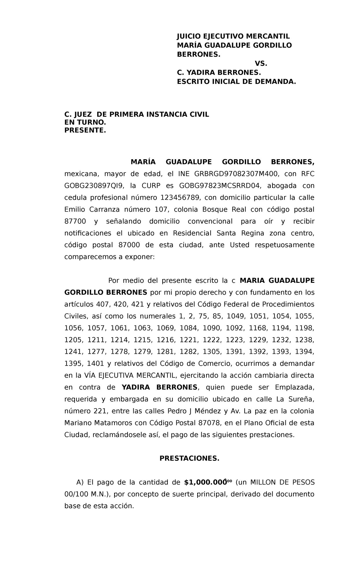 Demanda Mercantil Formato Demanda Juicio Ejecutivo Mercantil Mar A