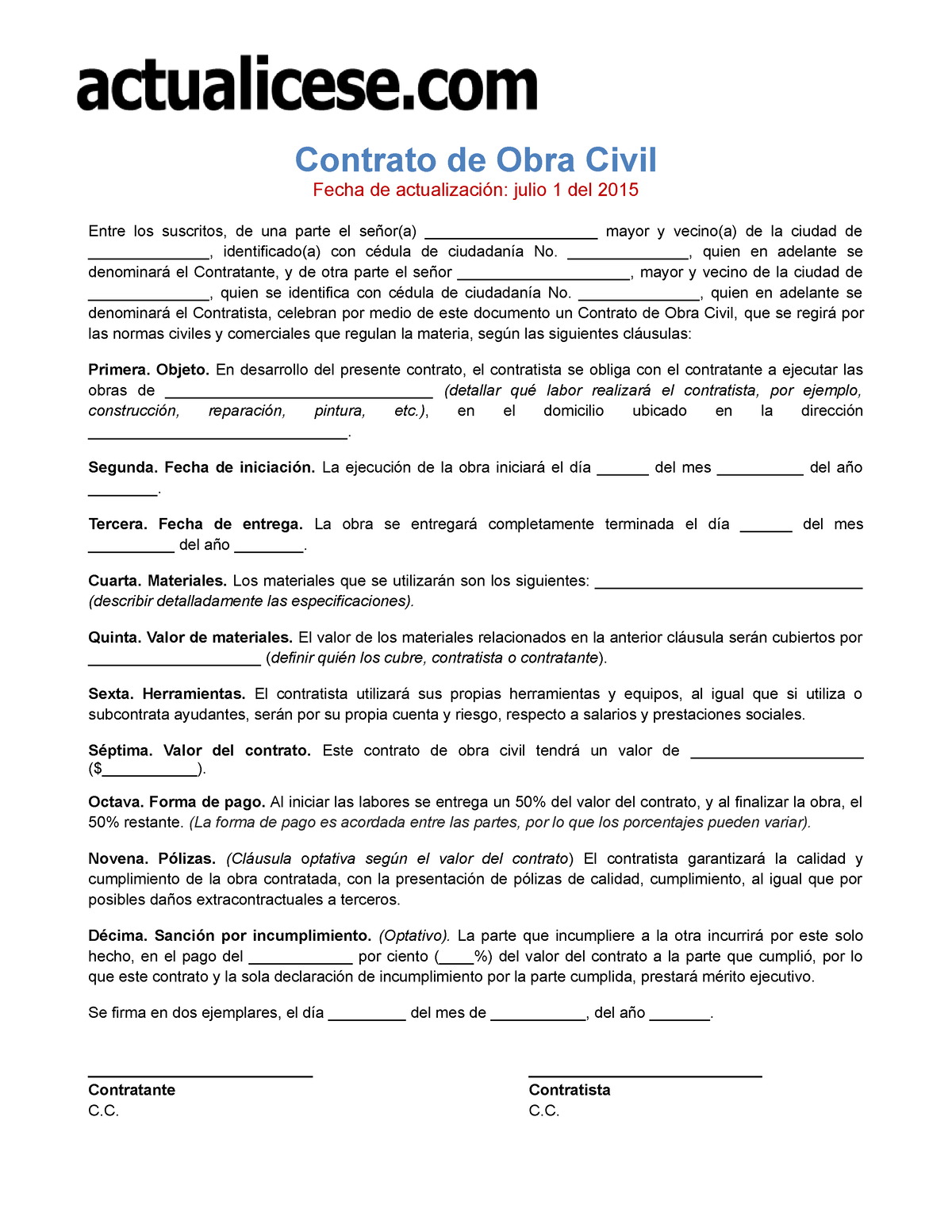 Contrato De Obra Civil Apuntes 1 Contrato De Obra Civil Fecha De Actualización Julio 1 Del 2750