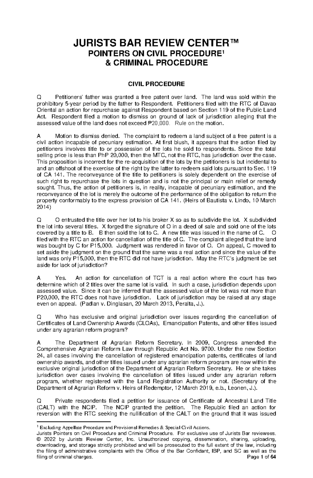 Jurists Pointers on Civil Procedure and Criminal Procedure - For ...