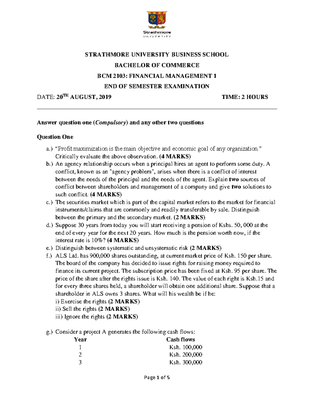 Financial management exam 1 STRATHMORE UNIVERSITY BUSINESS SCHOOL