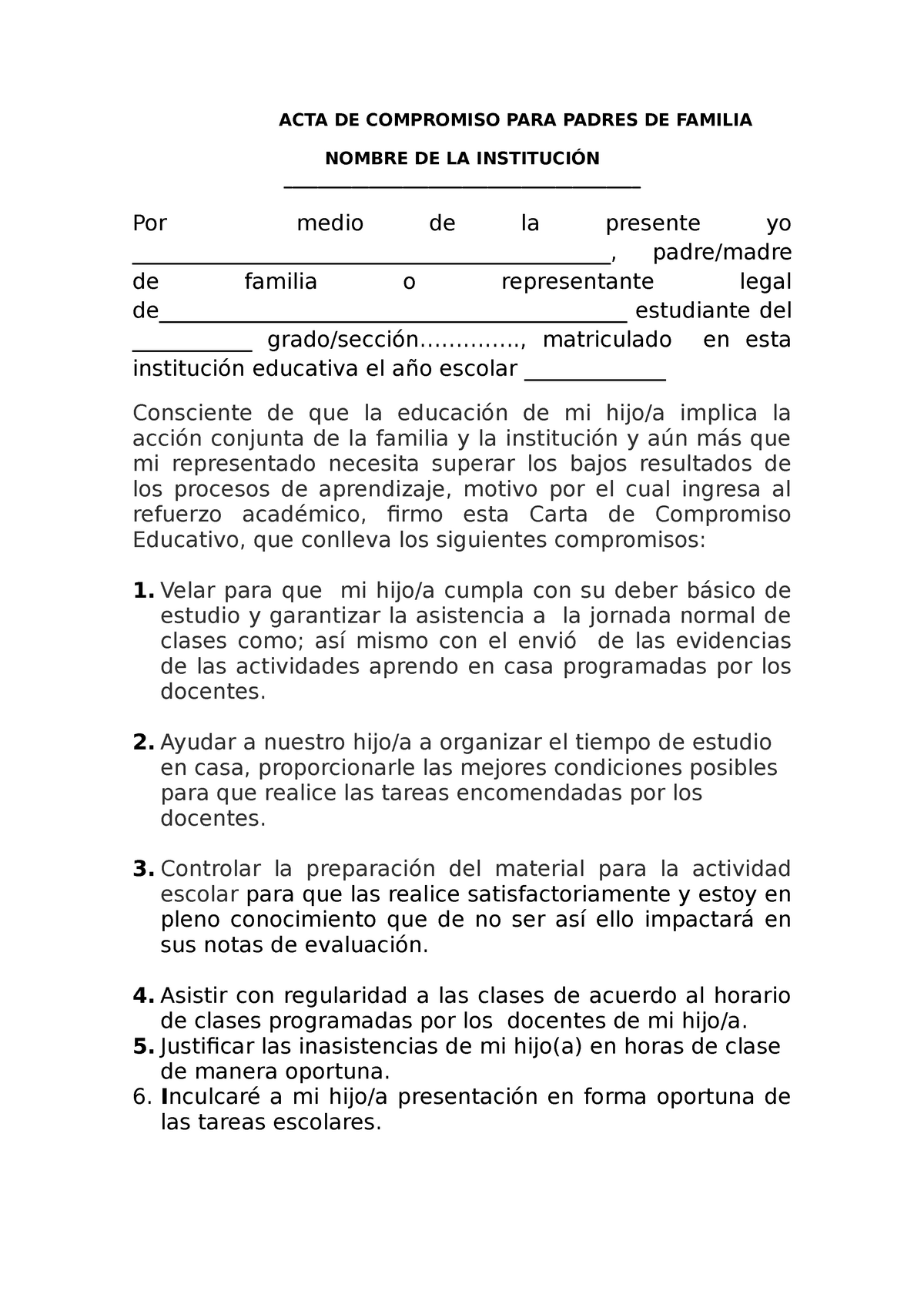 Acta de Compromiso para Padres de Familia - ACTA DE COMPROMISO PARA PADRES  DE FAMILIA NOMBRE DE LA - Studocu