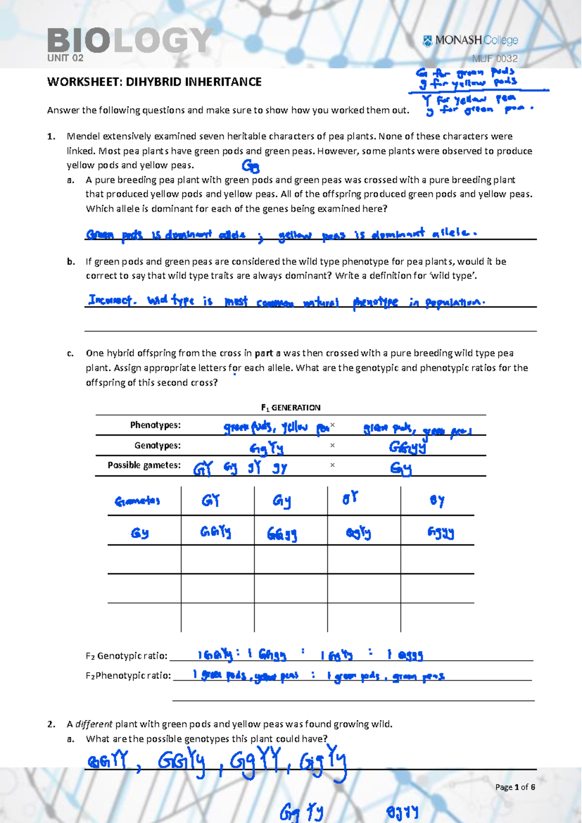 Dihybrid inheritance Worksheet - BIOLOGY UNIT 02 MUF 0032 WORKSHEET ...