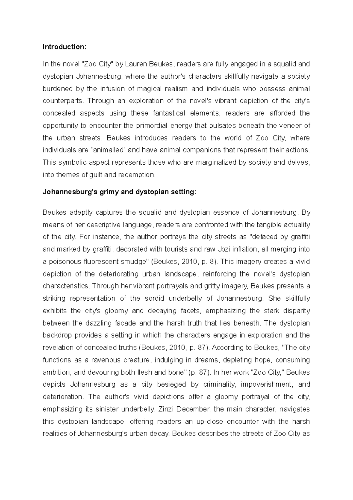 LESV202 LIT-Essay V - Essay about Zoo city - Introduction: In the novel ...