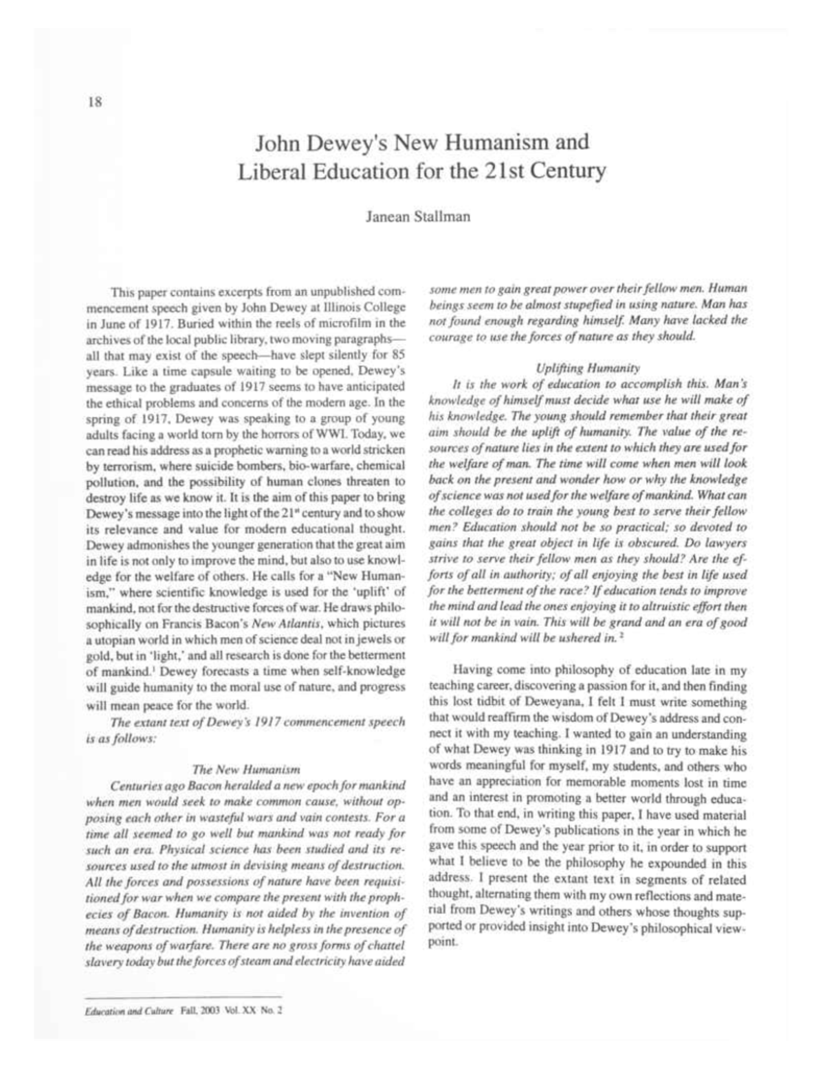 John Deweys New Humanism and Liberal Education for the 21st Cent - 18 ...
