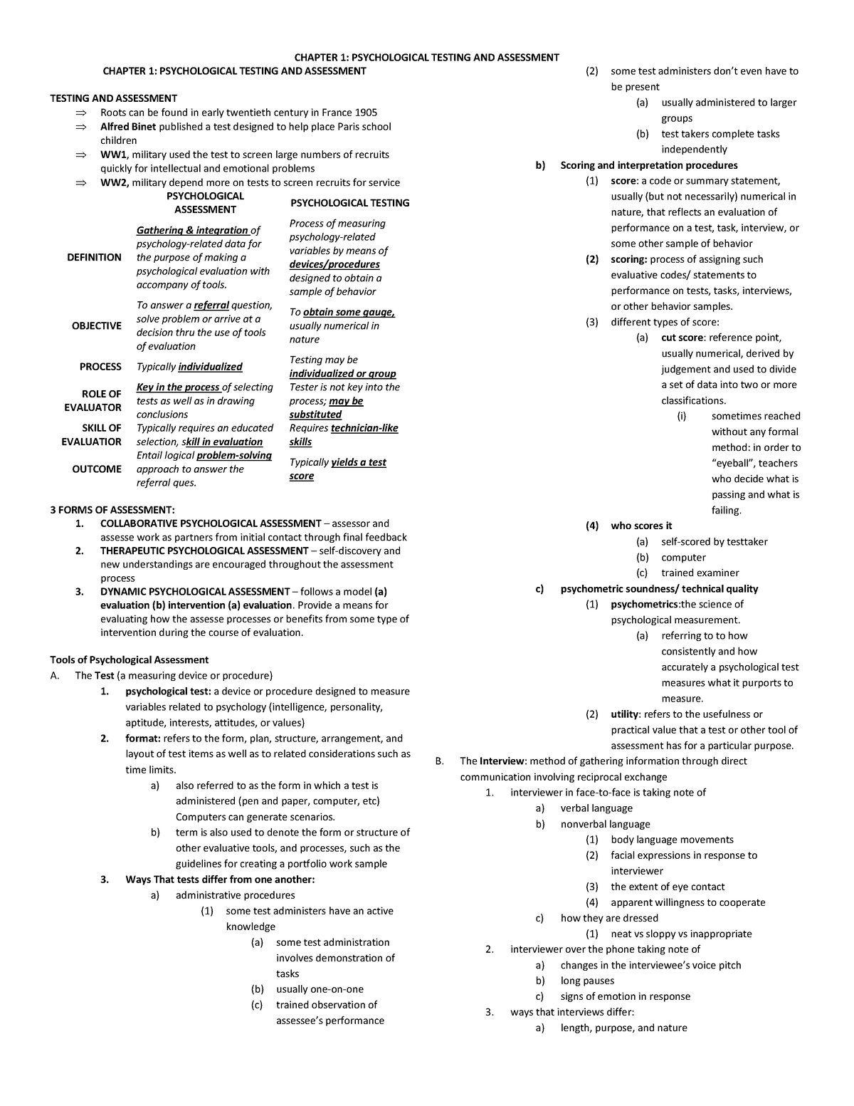 Psychological Assessment Cohen - CHAPTER 1: PSYCHOLOGICAL TESTING AND ...