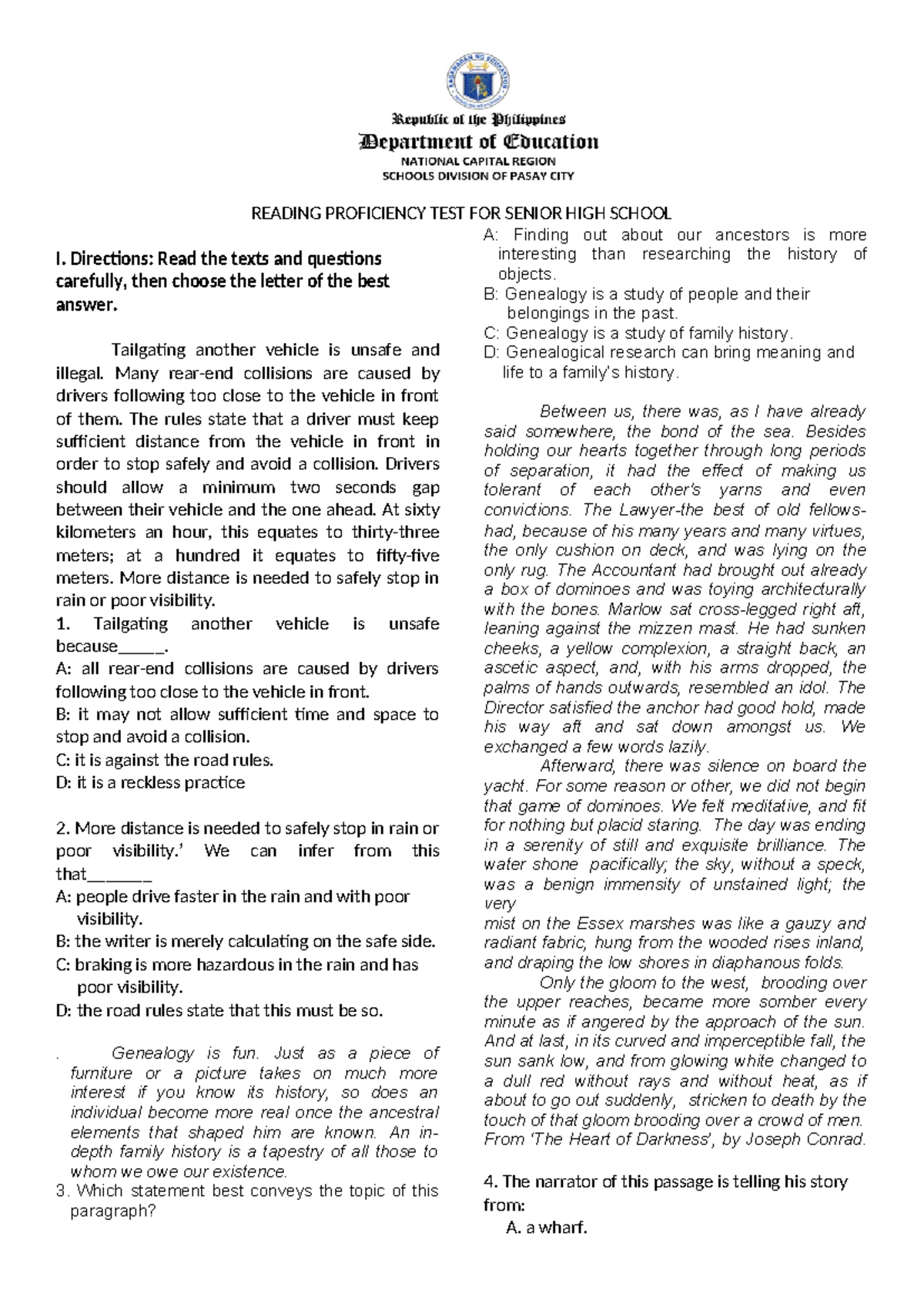 Reading- Proficiency-TEST-for-SHS - READING PROFICIENCY TEST FOR SENIOR ...
