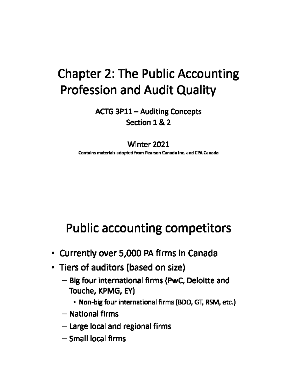 Chapter 2 - PA Profession and Audit Quality - ACTG 3P11 - Brocku - Studocu