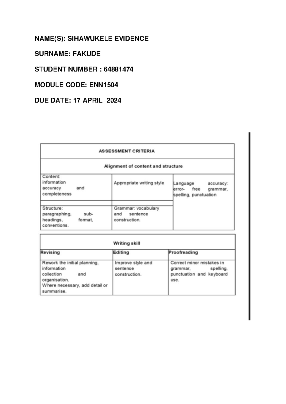 Ass2 - For improvement - NAME(S): SIHAWUKELE EVIDENCE SURNAME: FAKUDE ...